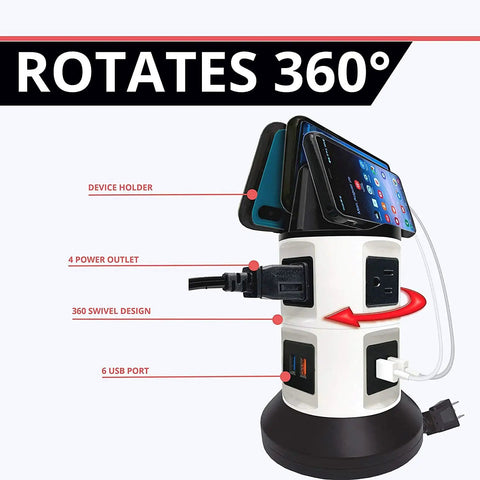 4 Outlet Power Strip With 6 USB Ports, 360 Degree Swivel, Surge Protector showing phone holder and connected devices