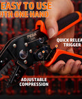 Pro Grade All In One DIY Electronics Crimping Tool Kit With 22 JST Connectors in hand showing quick release trigger.