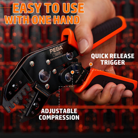 Pro Grade All In One DIY Electronics Crimping Tool Kit With 22 JST Connectors in hand showing quick release trigger.
