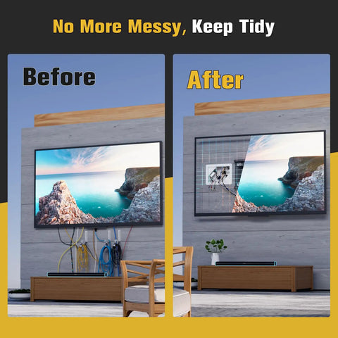 Before and after image of Pro Grade In Wall TV Box With Sleek Flange For Tidy Home Theater Wiring cleaning up messy cables.