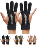 Archery Gloves 2 Pack Leather Three Finger Guard displayed on hands, suitable for youth and adults, left or right hand use.