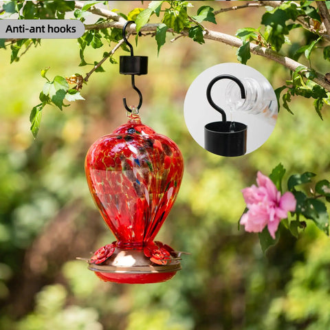 34 Oz Hand Blown Glass Hummingbird Feeder With Ant Moat For Outdoors Hanging And Leakproof Metal Base With Safe Ports Floral