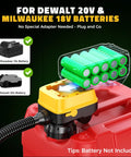 Battery compartment of Cordless Fuel Transfer Pump With Auto Stop For No Mess Fueling Three Point Two GPM Flow Portable Diesel And Gas Pump With Fifty One Inch Hose Includes Three Adapters Compatible With Twenty Volt And Eighteen Volt Batteries Bare Tool Yellow