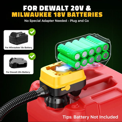 Battery compartment of Cordless Fuel Transfer Pump With Auto Stop For No Mess Fueling Three Point Two GPM Flow Portable Diesel And Gas Pump With Fifty One Inch Hose Includes Three Adapters Compatible With Twenty Volt And Eighteen Volt Batteries Bare Tool Yellow