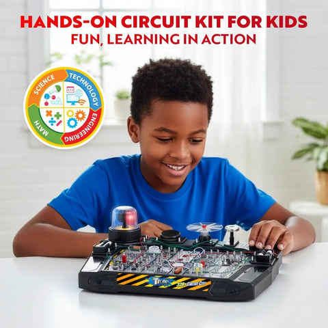 Child using Advanced Electrical Circuit Board Kit For Kids With 328 STEM Projects On Electricity, Voltage, Currents, Resistance, And Magnetism, Lights And Sounds