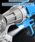 Powerful Cordless Electric Metal Shears With Rechargeable Battery And Adjustable Speed For Cutting Iron Copper Steel Aluminum Sheets showing LED light feature.
