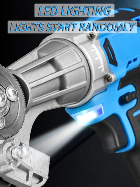 Powerful Cordless Electric Metal Shears With Rechargeable Battery And Adjustable Speed For Cutting Iron Copper Steel Aluminum Sheets showing LED light feature.
