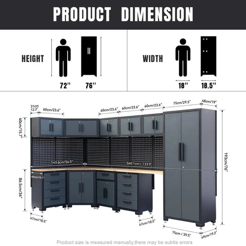 Pro Grade Heavy Duty Garage Corner Storage Cabinet System With Workbench And Pegboard 15 Piece Set dimensions illustration