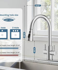 Hurran Kitchen Sink Faucet with Pull Down Sprayer, Brushed Nickel dimensions and hole size on display, suitable for kitchens and bars.