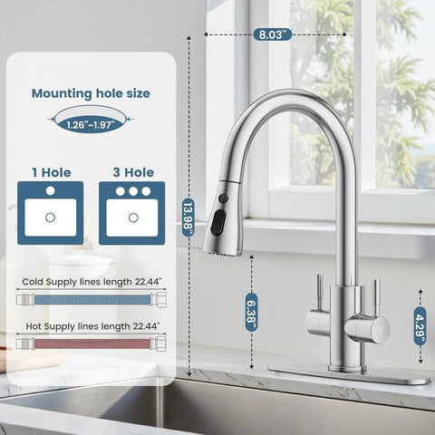 Hurran Kitchen Sink Faucet with Pull Down Sprayer, Brushed Nickel dimensions and hole size on display, suitable for kitchens and bars.