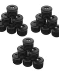 Stacks of round black plastic furniture glide caps with M8 thread, 25mm diameter. 20Pcs Round Plastic Furniture Glide Caps With M8 Thread 25mm Outer Diameter Tube End Caps Secure Lock Adjustable Chair Leg Protectors Non Slip Plastic End Plugs For Furniture.