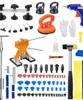 97 Piece Car Dent Repair Kit With Golden Lifter, Slide Hammer T-Bar, Bridge Puller, Paintless Dent Removal Tools For Dings And Car Refrigerator Door Dents, DIY Auto Body Fix At Home That Will Not Scratch Paint; kit parts laid out