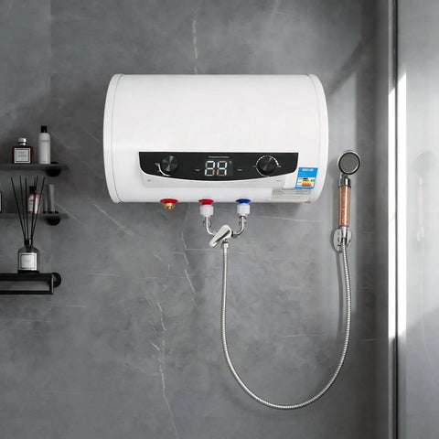 Instant On Demand Electric Water Heater With Dial In Thermostat And Led Display mounted on wall displaying temperature for easy use.