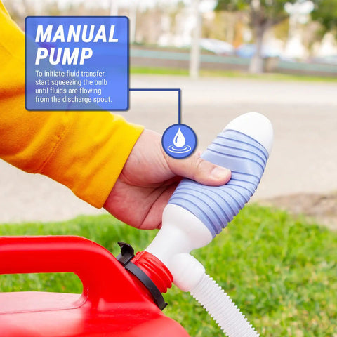 Manual operation of a Heavy Duty Manual Fuel Transfer Pump And Gasoline Siphon with 5 Gpm Flow Rate for fluid transfer.