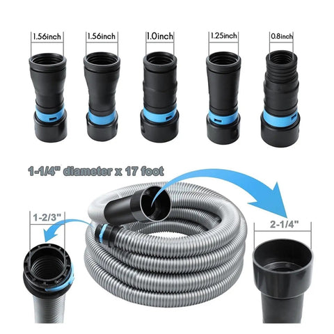 Heavy Duty 5 Adapter Woodworking Dust Collection Hose Kit With 10 Feet Flex Vacuum Hose For Home Shop, various connector sizes, flexible design.