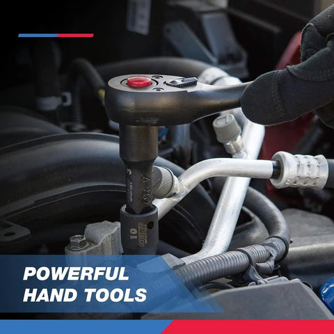 Mechanic using Half Inch Drive Master Impact Socket Set 32 Piece Shallow Socket Kit for automotive work, CRV steel.