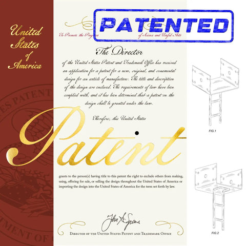 Patent certificate for Beefy 4 Pack U Shape Post Anchors For Concrete 6x6 Post Base Black Galvanized Deck Pergola Bracket. Text and diagrams visible.