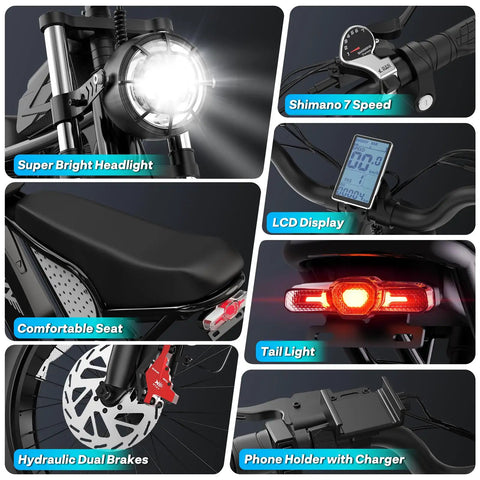 High Power 1500W Fat Tire Electric Bike For Adults with features like removable battery, LCD display, headlight, and dual brakes
