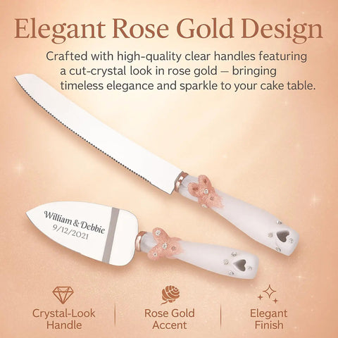 Personalized Rose Gold Wedding Cake Knife And Server Set With Double Heart Engraving, showing crystal-look handles.