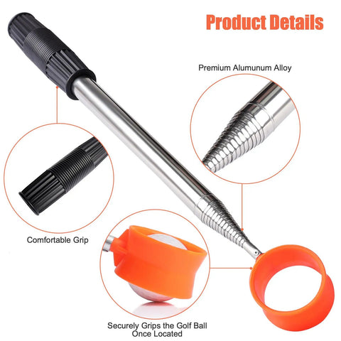 Telescopic Golf Ball Retriever With 12 Foot Aluminum Shaft, Water Safe Ball Grabber Tool For Easy Pickups and Two Sided Grip