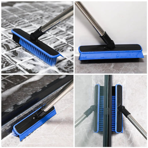 Long Handle V Shaped Grout Scrub Brush with Built In Squeegee Edge cleaning tiles, windows, and grout in bathroom, kitchen, and garage