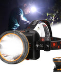 Rechargeable Ultra Bright Headlamp With 6000 Lumens And 500 Meters Of Reach, worn by person in dark, showcasing light beam.