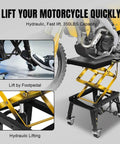 Heavy Duty Motorcycle Lift Table With 350 Lb Capacity Hydraulic Foot Operated Scissor Lift 15 By 11.5 Inch Platform Lifts From 12 To 33.5 Inches Four Wheel Stand Solid Steel Construction With Red Powder Coat
