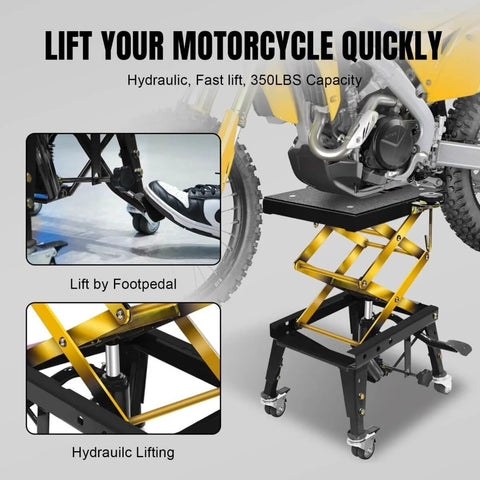 Heavy Duty Motorcycle Lift Table With 350 Lb Capacity Hydraulic Foot Operated Scissor Lift 15 By 11.5 Inch Platform Lifts From 12 To 33.5 Inches Four Wheel Stand Solid Steel Construction With Red Powder Coat