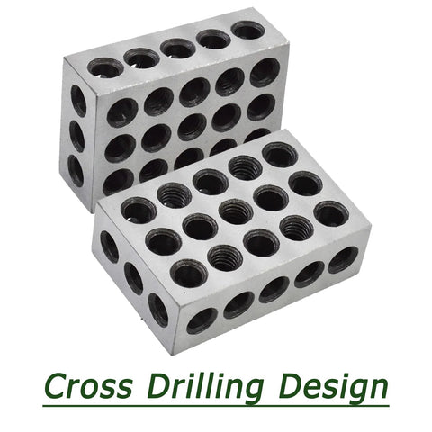 Timunr 1x2x3 precision parallel block set, alloy steel, two 23-hole blocks, front/top view.