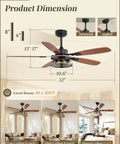 Dimensions and images of 52 Inch Farmhouse Ceiling Fan With Light And Remote Black Industrial Caged Flush Mount in living rooms