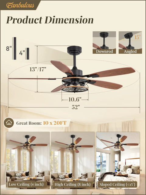 Dimensions and images of 52 Inch Farmhouse Ceiling Fan With Light And Remote Black Industrial Caged Flush Mount in living rooms
