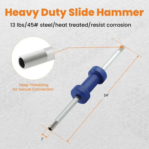 Heavy Duty Beefy 13Lb Dent Puller Slide Hammer Car Dent Removal Tool Kit with deep threading and blue handle for cars, trucks, SUVs.