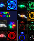 Colorful LED Bike Wheel Lights Set, 5 Pack Waterproof Spoke Lights With Easy Install, shown in various colors and modes on bicycle rims.
