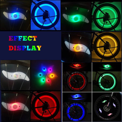 Colorful LED Bike Wheel Lights Set, 5 Pack Waterproof Spoke Lights With Easy Install, shown in various colors and modes on bicycle rims.