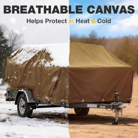 Beefy Heavy Duty Canvas Tarp 10x12 Ft 12 Oz 350 GSM Polyester Canvas Water Resistant With Rustproof Grommets covering a trailer