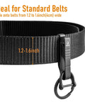 Black Titanium Belt Clip Key Holder With Carabiner And D Ring, shown on standard belt, fits belts 1.2 to 1.6 inches.