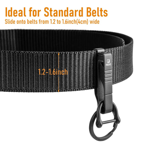 Black Titanium Belt Clip Key Holder With Carabiner And D Ring, shown on standard belt, fits belts 1.2 to 1.6 inches.