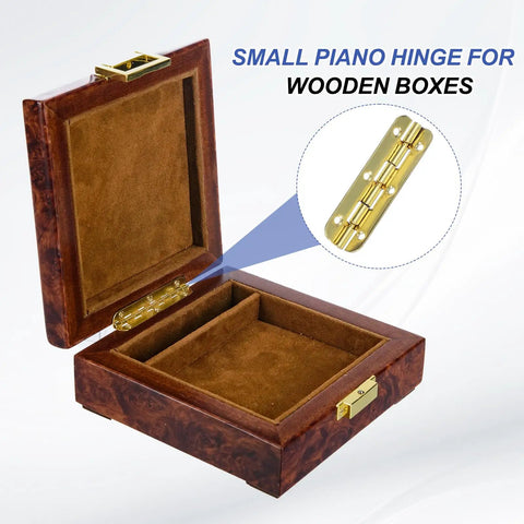 Badass Tough 90 Degree Small Piano Hinges For Jewelry Boxes And Woodworking Crafts Gold Tone Steel Build With Mounting Screws Smooth Pivot Pack Of 4 showcased on a wooden box.
