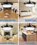 Retractable Ceiling Fan With Lights Remote Control shown in meeting room, bedroom, living room, and kitchen settings.