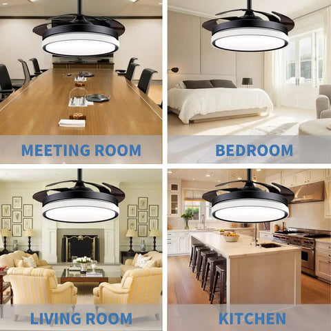 Retractable Ceiling Fan With Lights Remote Control shown in meeting room, bedroom, living room, and kitchen settings.