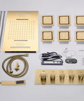 Components of Slick 15 By 23 Inch Rectangular LED Shower Setup With Antique Brass Finish, including shower panel and body jets.