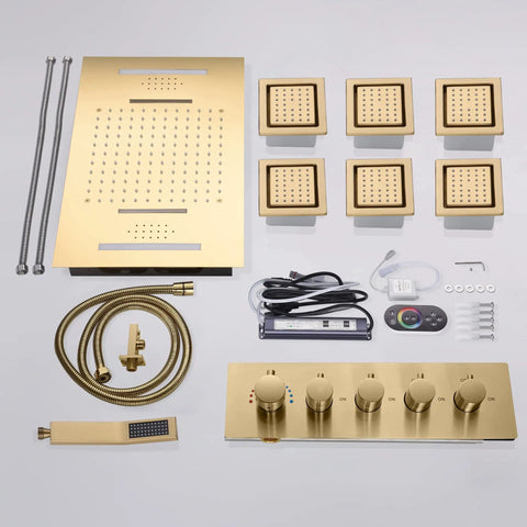 Components of Slick 15 By 23 Inch Rectangular LED Shower Setup With Antique Brass Finish, including shower panel and body jets.