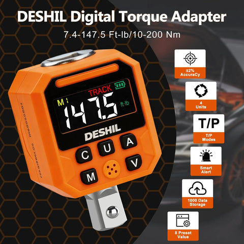 Digital Torque Adapter Set 1/2 Inch, Wide Range 7.4 To 147.5 Ft-Lb, 10 To 200 Nm, Pro Grade Torque Tool For Spark Plug Service, Bolts, Engine And Suspension Work, High Precision And Easy Readout on orange digital display