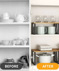 Before and after image showing Stackable Kitchen Cabinet Organizer Shelf Set Of Four Rustic Brown Wood Counter Display Featuring Slick Metal Legs Total Pantry Spice Rack Gamechanger For Knockout Dish Mug Cup Storage Layout.