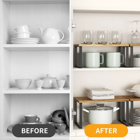 Before and after image showing Stackable Kitchen Cabinet Organizer Shelf Set Of Four Rustic Brown Wood Counter Display Featuring Slick Metal Legs Total Pantry Spice Rack Gamechanger For Knockout Dish Mug Cup Storage Layout.