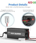 14.6V 20A LiFePO4 Battery Charger showing wiring connections and indicator lights for safe charging and use.