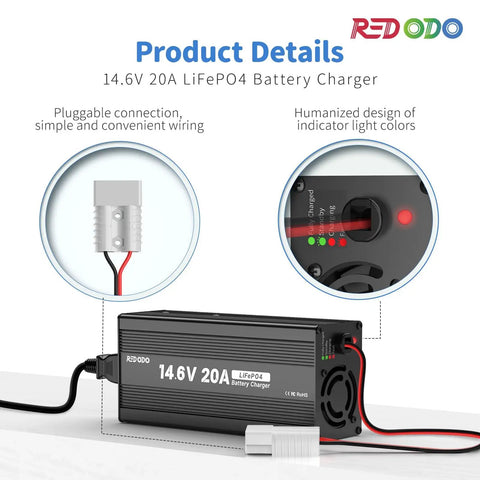 14.6V 20A LiFePO4 Battery Charger showing wiring connections and indicator lights for safe charging and use.