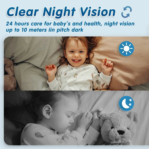 Clear night vision with 2K HD Pan Tilt Indoor Wireless Pet Camera For Baby Monitor And Nanny Cam, child sleeping and awake.