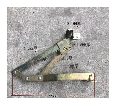 245mm Adjustable Ratchet Lifting Hinge For Drawing Tables And Massage Beds Featuring Seven To Ten Gear Settings, showing detailed measurements.