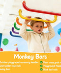 Child using Six Colors 17.1 Inch Indoor Monkey Bars Handles Set 6 Pack Kid Friendly One Inch Diameter For Indoor Outdoor Playgrounds.